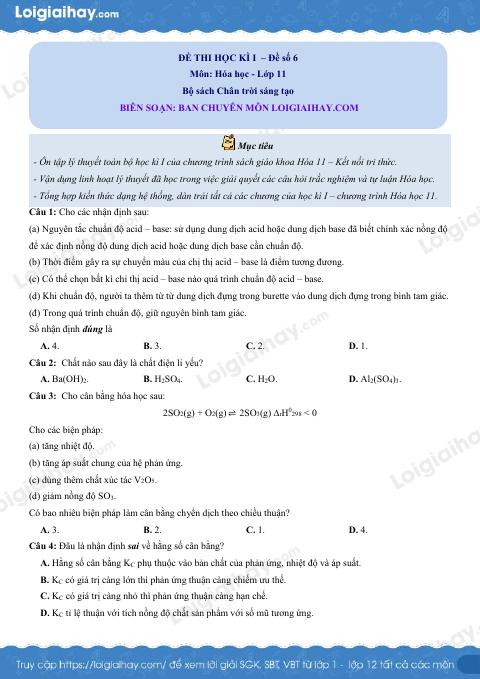 Đề thi học kì 1 Hóa 11 Chân trời sáng tạo - Đề số 6